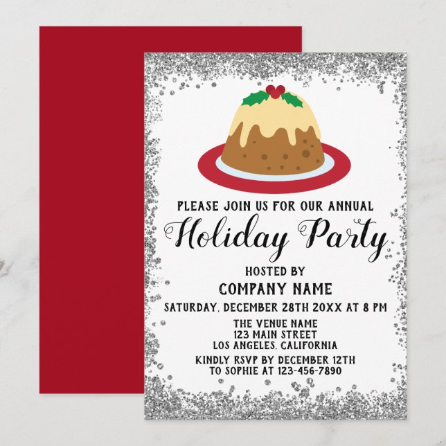 Invitación Compañía de Budín de Navidad Fiesta Navideña Roja  (Anverso / Reverso)
