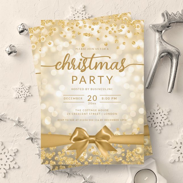 Invitación Compañía de Glam de Invierno de Oro Xmas Ribbon (Gold Winter Glam Company Xmas Ribbon Invitation)