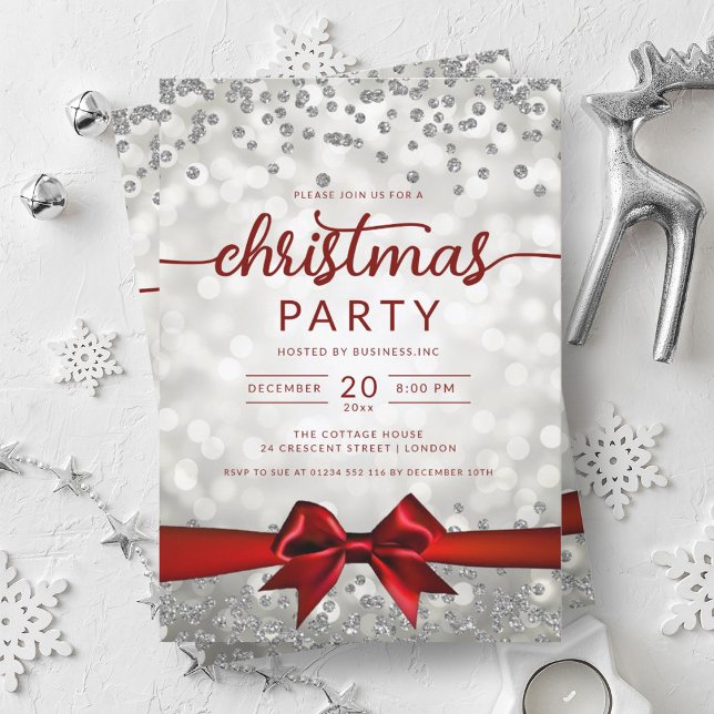 Invitación Compañía de Glam de Invierno Plateado Xmas Cinta R (Silver Winter Glam Company Xmas Red Ribbon Invitation)
