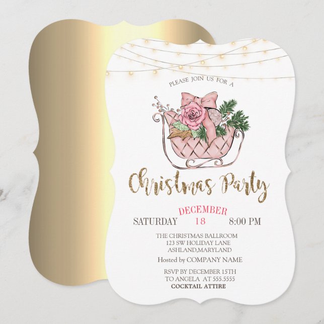 Invitación Compañía de Navidad Trineo Rosa Luces Doradas (Anverso / Reverso)