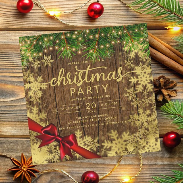 Invitación Compañía de Noches de Cinta Rústica de Nieve y Luz (Rustic Gold Snow & Pine Lights Company Xmas Ribbon Invitation)