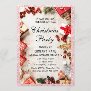 Invitación Compañía Festiva Fiesta de Navidad Purpurina Dorad