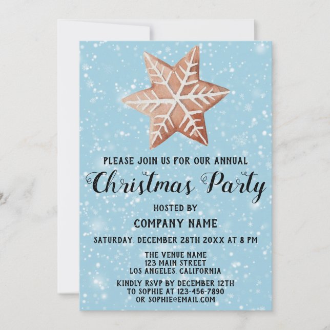 Invitación Compañía Fiesta de Navidad Estrella Azul Nieve (Anverso)