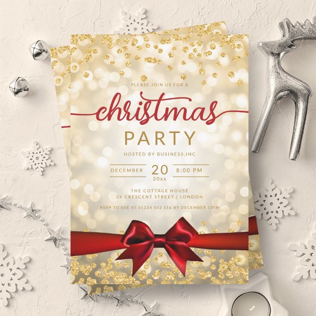 Invitación Compañía Glam de Invierno de Oro Xmas Cinta Roja (Gold Winter Glam Company Xmas Red Ribbon Invitation)