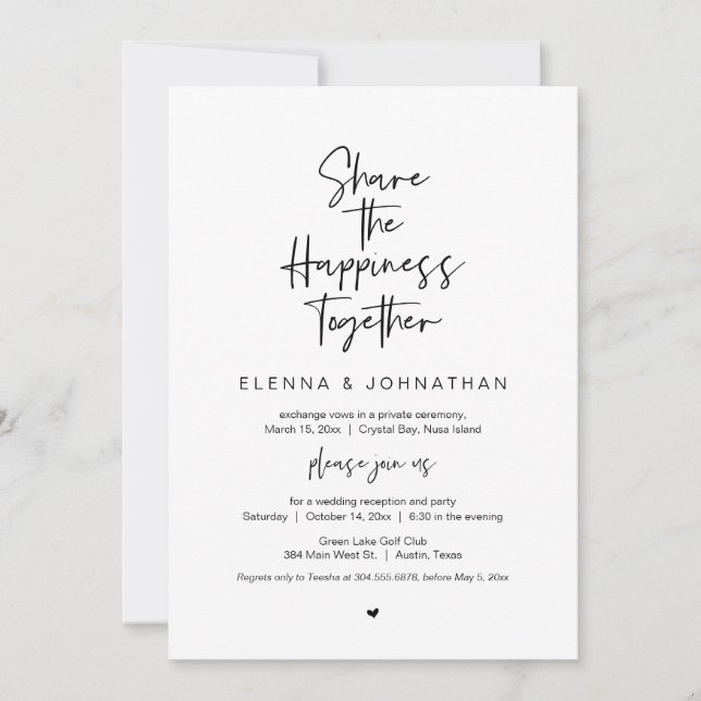 Invitación Comparte la felicidad, negro, Boda Elopement (Anverso)