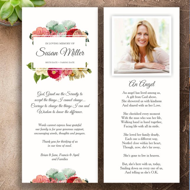 Invitación Compasión Funeral Gracias Cartas Foto Floral (Floral Bouquet God Grant Me The Serenity Memorial Sympathy Funeral Thank You Card)