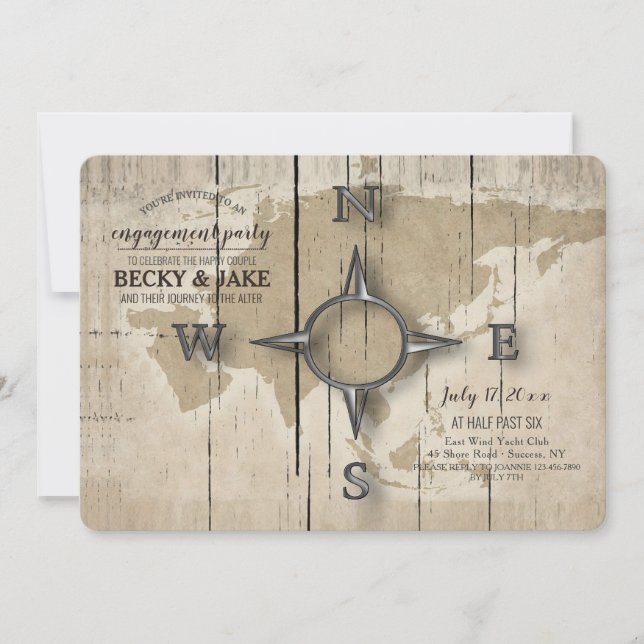 Invitación Compass y World Map Engagement Party (Anverso)
