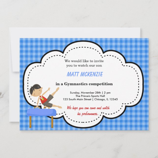 Invitación Competencia de niños de gimnasia (azul) (Anverso)