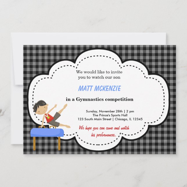 Invitación Competencia de niños de gimnasia (negro) (Anverso)