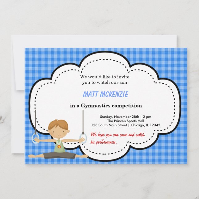 Invitación Competencia de niños gimnásticos (azul) (Anverso)