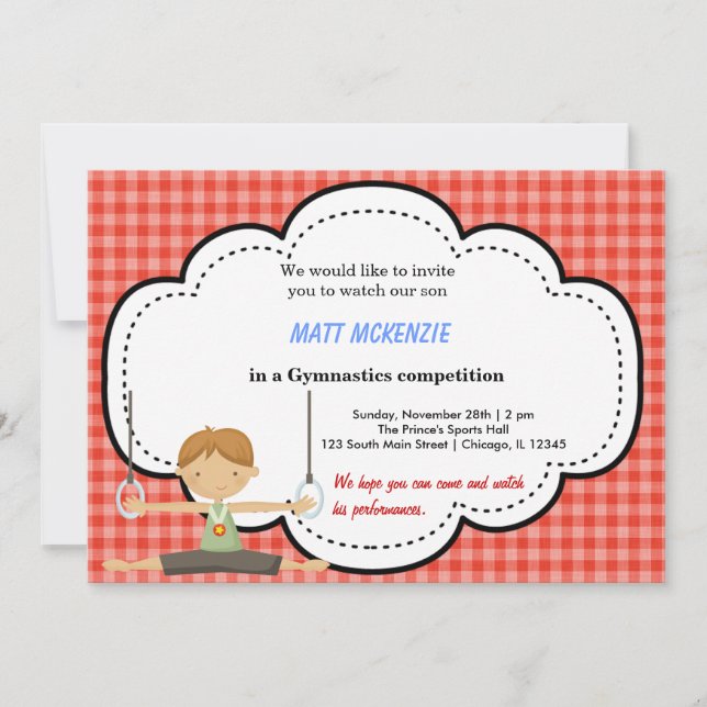 Invitación Competencia de niños gimnásticos (rojo) (Anverso)