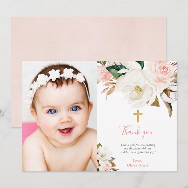 Invitación Composición de bautismo de chica floral blanco ros (Anverso / Reverso)