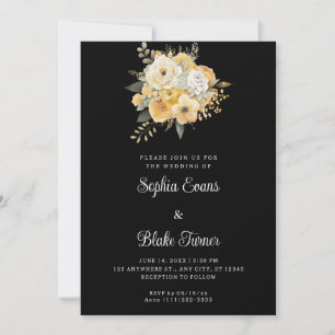 Invitación Comprimido amarillo y blanco floral Boda negro