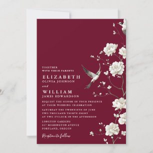 Invitación Comprimido Floral Chinoiserie Borgoña Todo En Un B