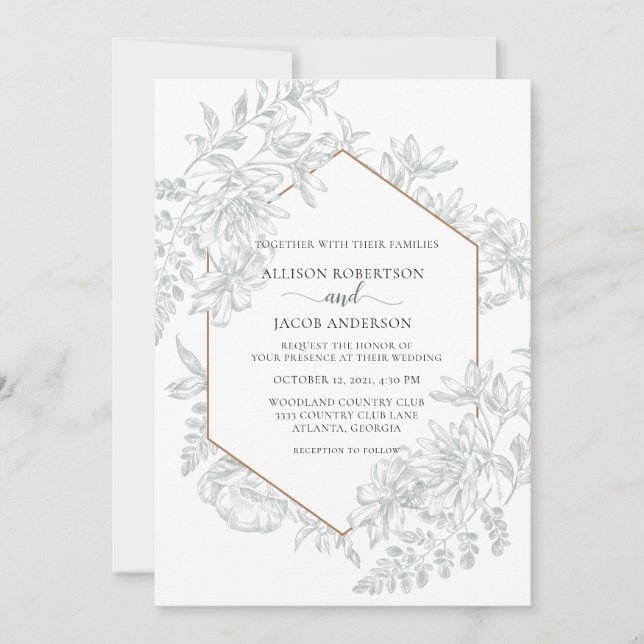 Invitación Comprimido Floral Geométrica Verde Sage En Un Boda (Anverso)