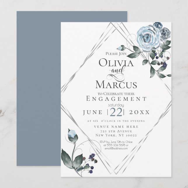 Invitación COMPROMISO | Acuarela Dusty Blue Floral Silver (Anverso / Reverso)