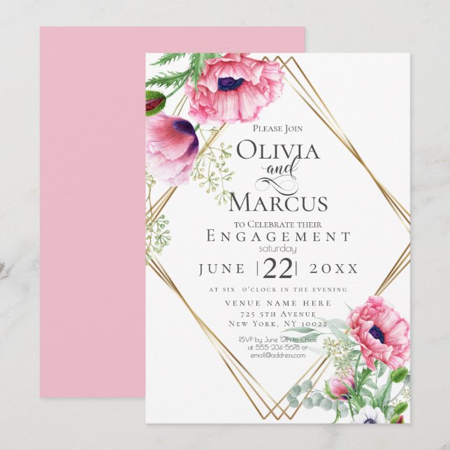 Invitación Compromiso Aquarela Amapolas Rosas (Anverso / Reverso)