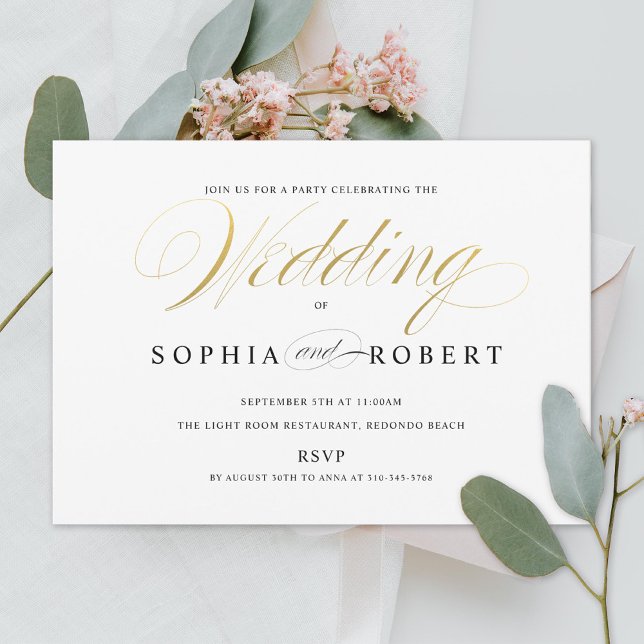 Invitación Compromiso Boda de caligrafía elegante de oro fals (Subido por el creador)