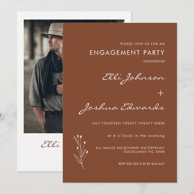 Invitación Compromiso bohemio minimalista de Terracota  (Anverso / Reverso)