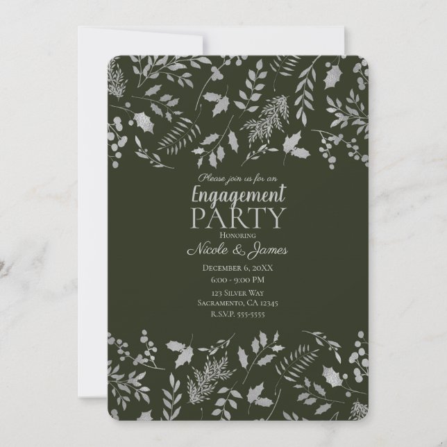 Invitación Compromiso Botánico de Hojas Verdes Oscuro y Plate (Anverso)