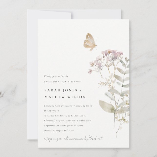 Invitación Compromiso Botánico de Lilac Boho Wildflower Fern (Anverso)