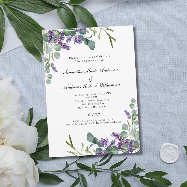 Invitación Compromiso Botánico Floral de Lavender Eucalyptus (Lavender Eucalyptus Floral Watercolor Elegant Formal Engagement Party Invitation)