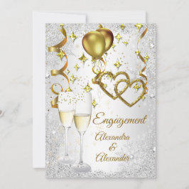 Invitación Compromiso champán corazones oro plata
