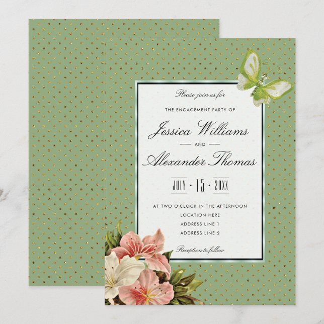 Invitación Compromiso Chic Lilies & Gem Butterfly (Anverso / Reverso)