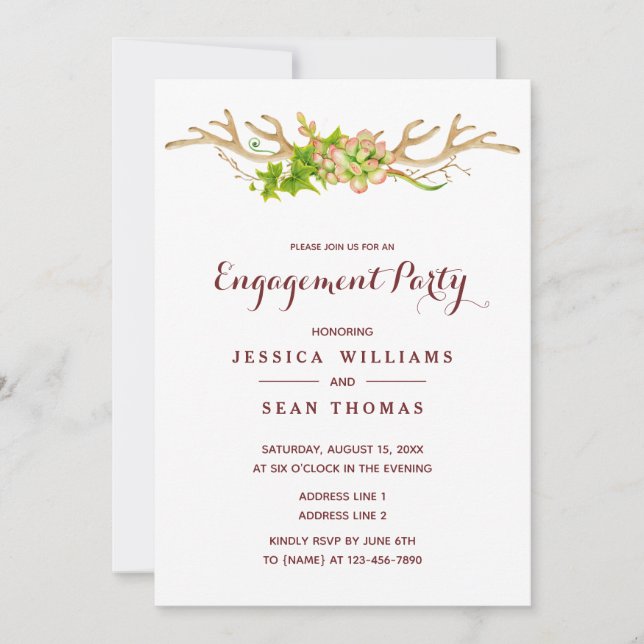 Invitación Compromiso con astas rústicas y flores silvestres  (Anverso)