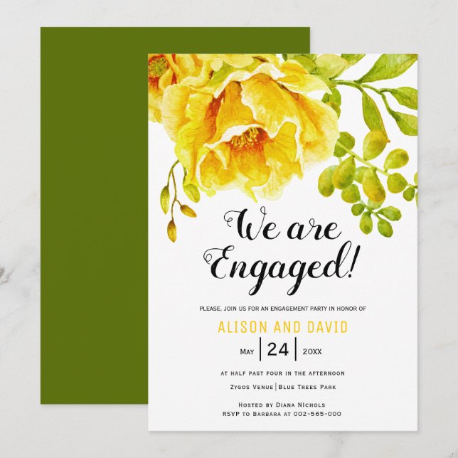 Invitación Compromiso con bodas florales de color amarillo (Anverso / Reverso)
