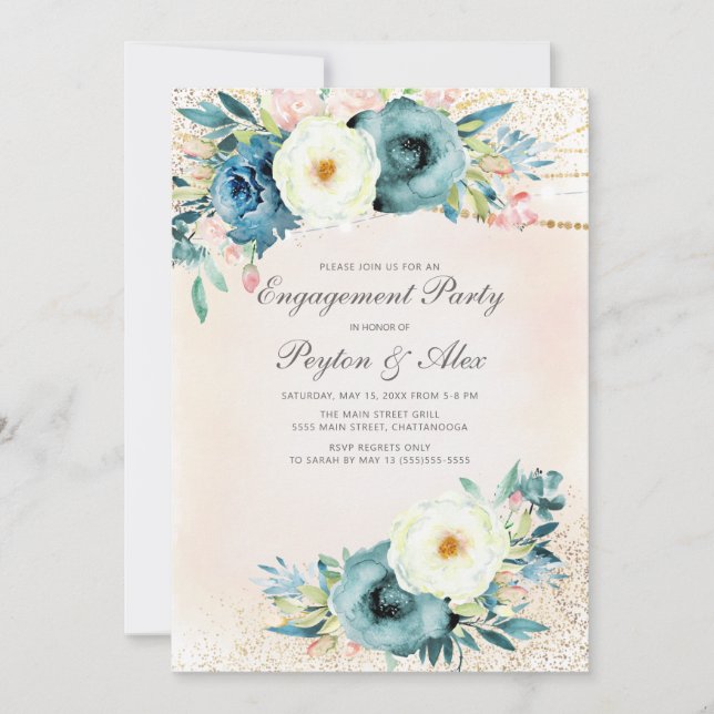 Invitación Compromiso con brillo floral rosa turquesa blanco (Anverso)