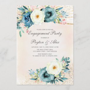 Invitación Compromiso con brillo floral rosa turquesa blanco