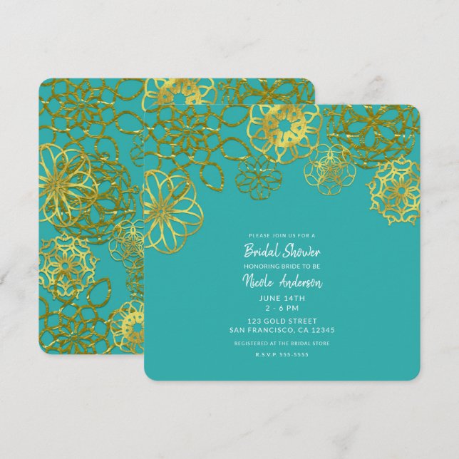 Invitación Compromiso con ducha de novia Gold Floral Mandalas (Anverso / Reverso)