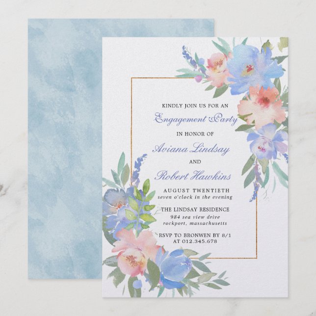 Invitación Compromiso con el Boda de la floración azul rosada (Anverso / Reverso)