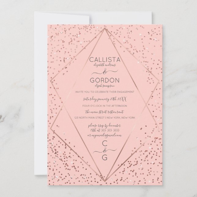 Invitación Compromiso con el terrario de Confetti Rosa Gold (Anverso)