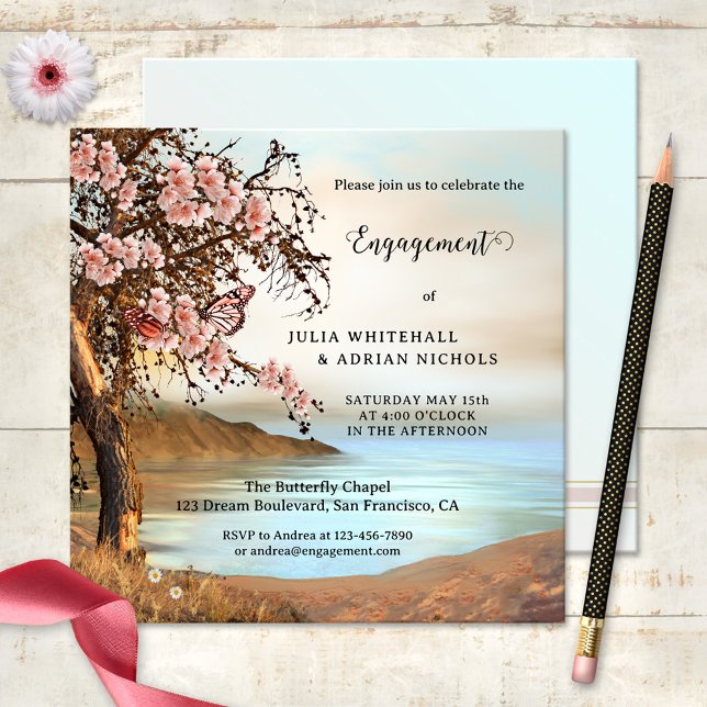 Invitación Compromiso con la flor de cerezo de mariposa rosa (Engagement invitation featuring a painting of an ocean with a cherry blossom tree and butterflies)