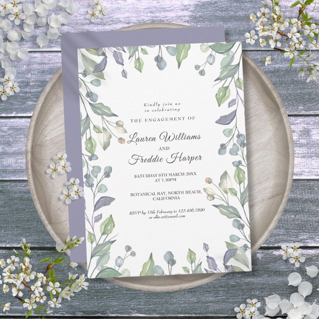 Invitación Compromiso con la vegetación floral acuática de Li (Watercolor Lilac Floral Greenery Engagement Invitation)