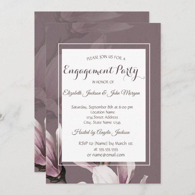 Invitación Compromiso con las flores de Magnolia (Anverso / Reverso)