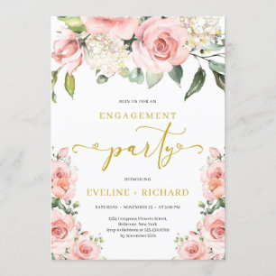 Invitación Compromiso con letras doradas florales de color ro