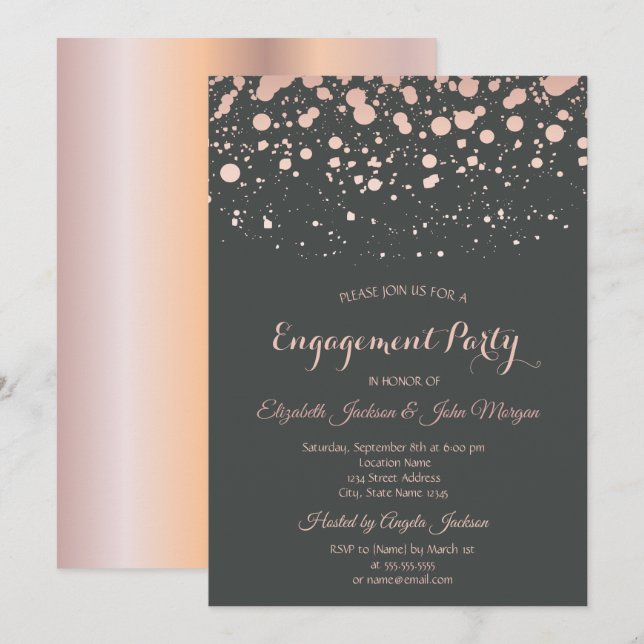 Invitación Compromiso con los puntos de oro Rosa modernos (Anverso / Reverso)