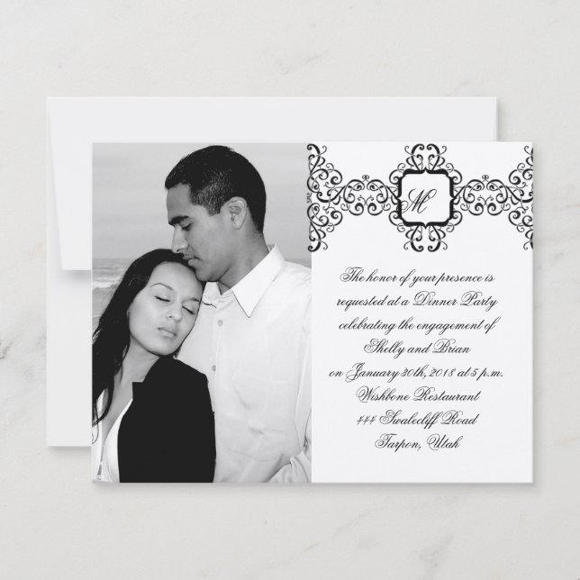 Invitación Compromiso con monograma negro romántico (Anverso)