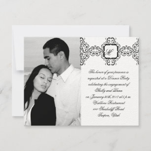 Invitación Compromiso con monograma negro romántico