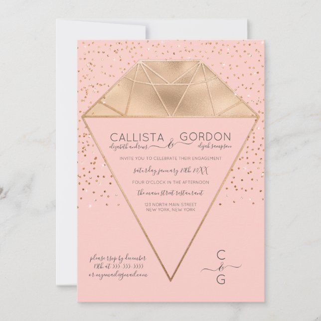 Invitación Compromiso con Purpurinas de Confetti de Diamantes (Anverso)