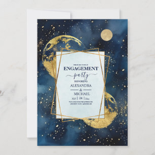 Invitación Compromiso de Acuarela Azul Mystic Midnight  Dorad