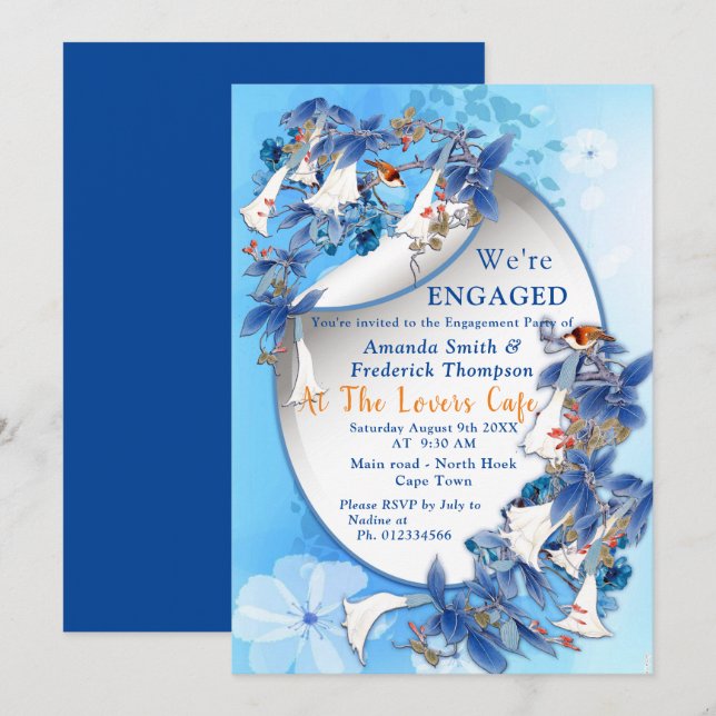 Invitación Compromiso de acuarela con flores de luna ilustrad (Anverso / Reverso)