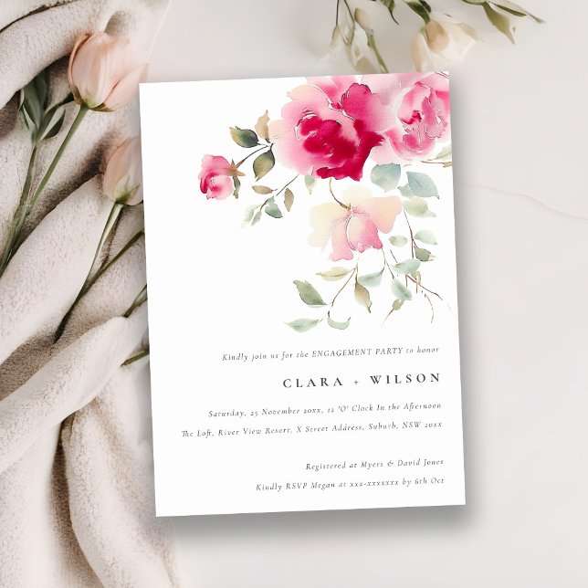 Invitación Compromiso de acuarela de las flores rosadas rojas (Subido por el creador)