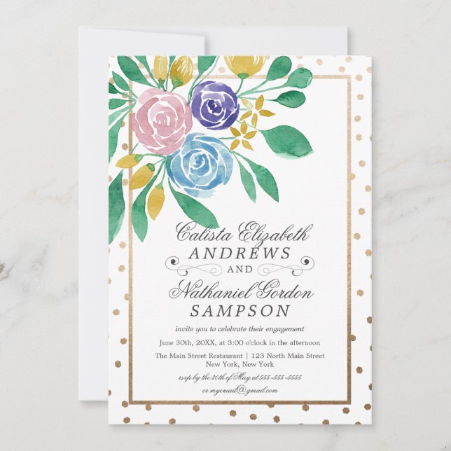 Invitación Compromiso de acuarela de oro floral de primavera (Anverso)