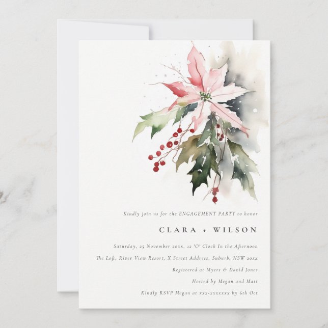 Invitación Compromiso de acuarela de Poinsettia Berries Folia (Anverso)