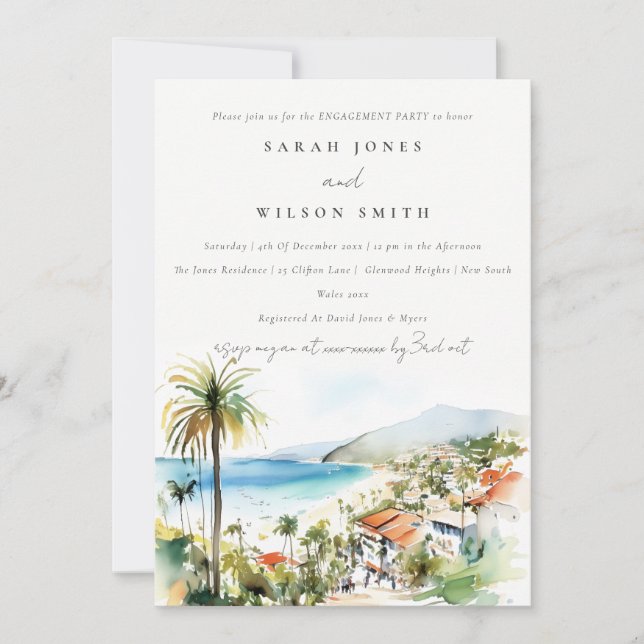Invitación Compromiso de acuarela de Puerto Vallarta México (Anverso)