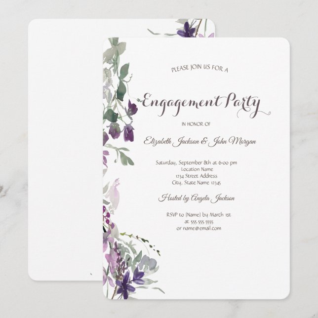 Invitación Compromiso de Acuarela Flor Silvestre Violeta (Anverso / Reverso)